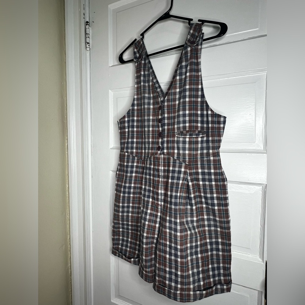 J.J.Fargo Plaid Vintage Romper Shorts 90s 80s 11 12 Brown Blue JJ Fargo